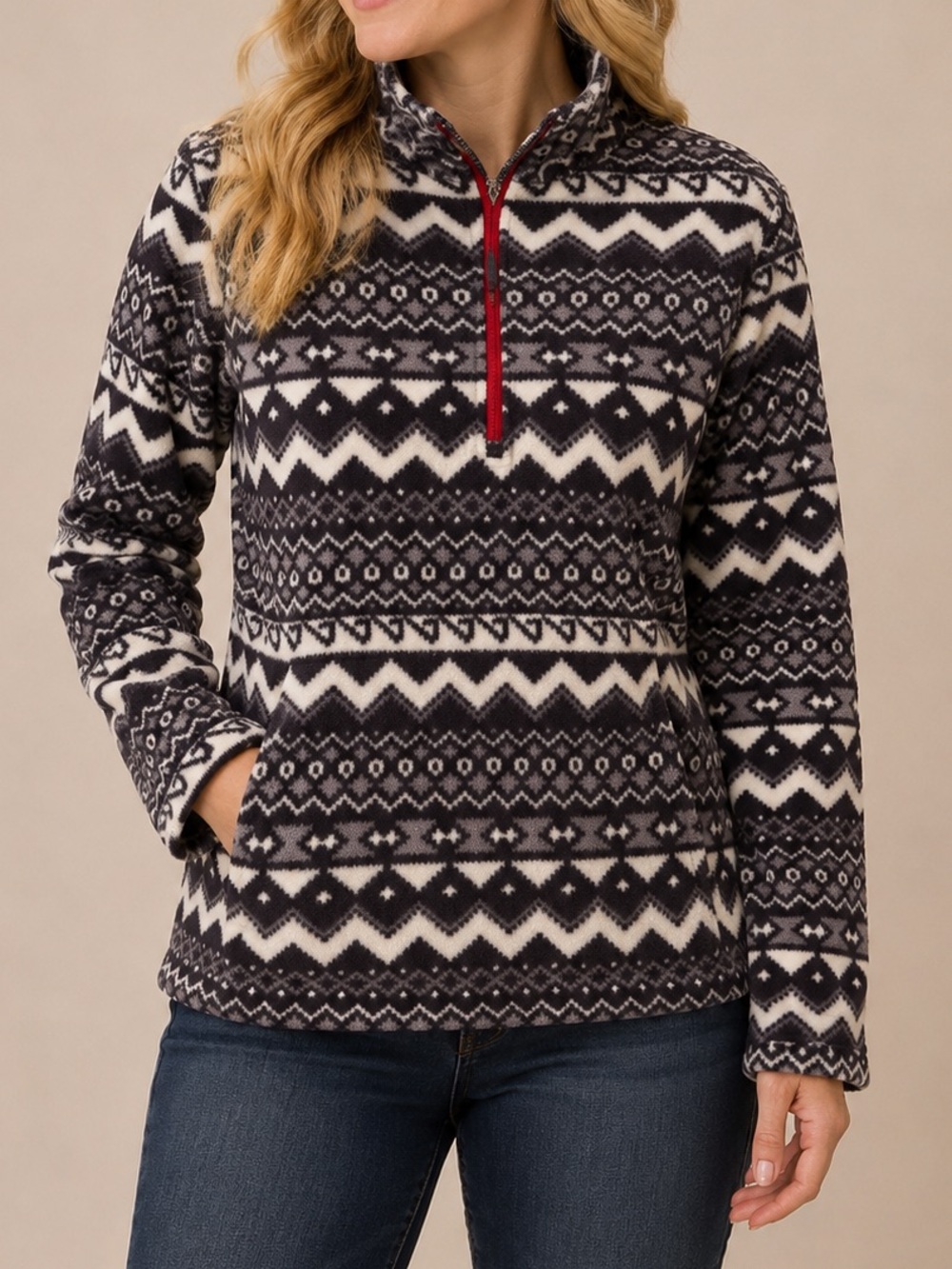 Eddie Bauer Fair Isle Fleece Pullover Quarter Zip Sweater Women’s Size Large